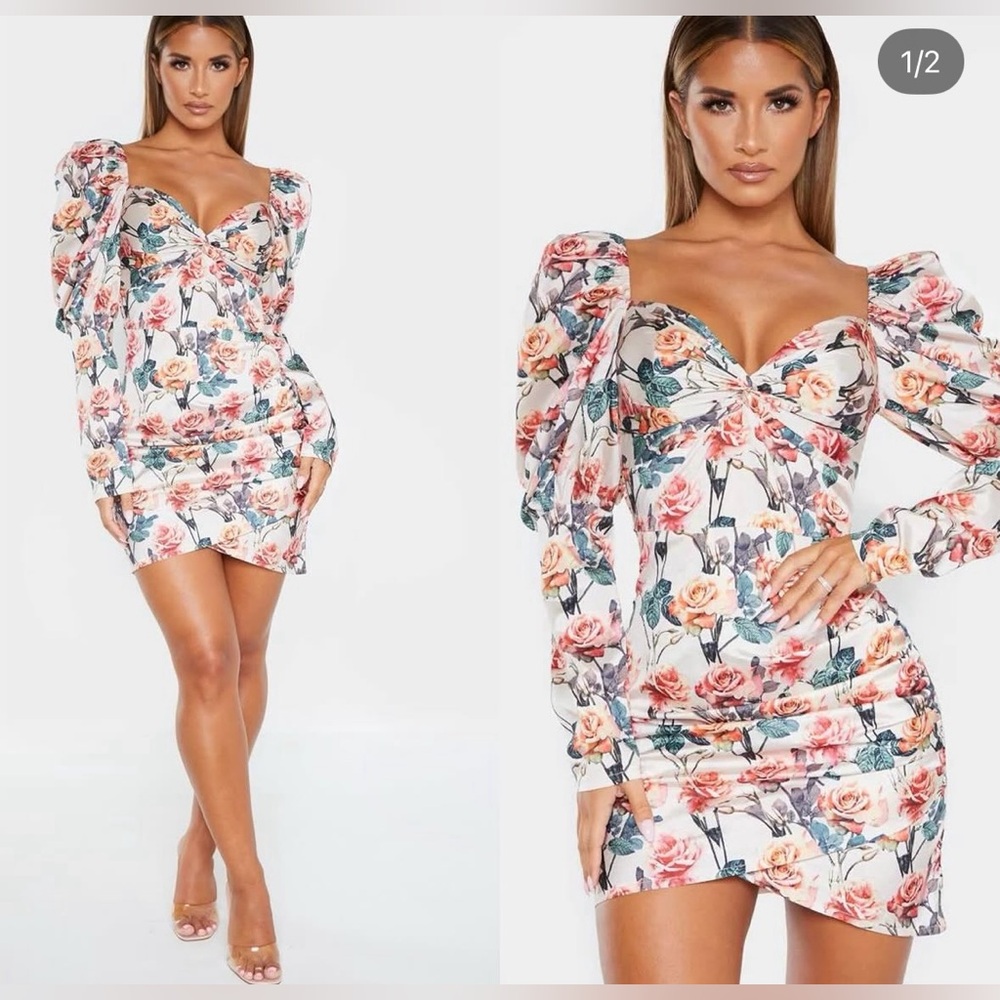 Nude Rose Print Puff Sleeve Twist Detail Dress
(PrettyLittleThing)
